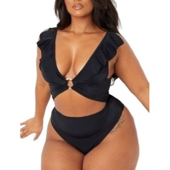 Pretty Little Thing Womens Black Frill Edge Ring Detail Cutout Swimsuit Size 22 - Picture 6 of 12